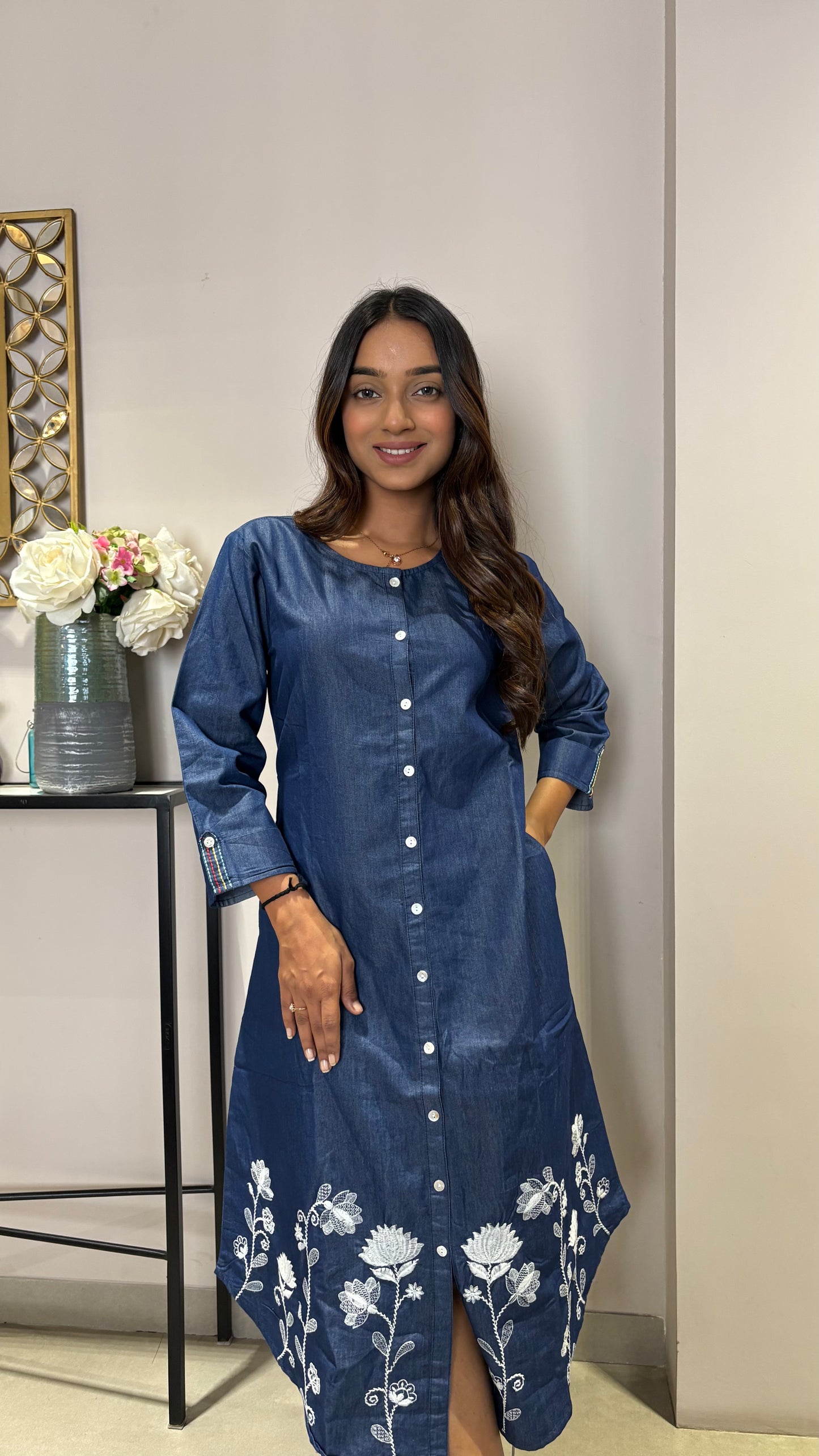 Stunning Long Shirt Type Denim Midi Dress