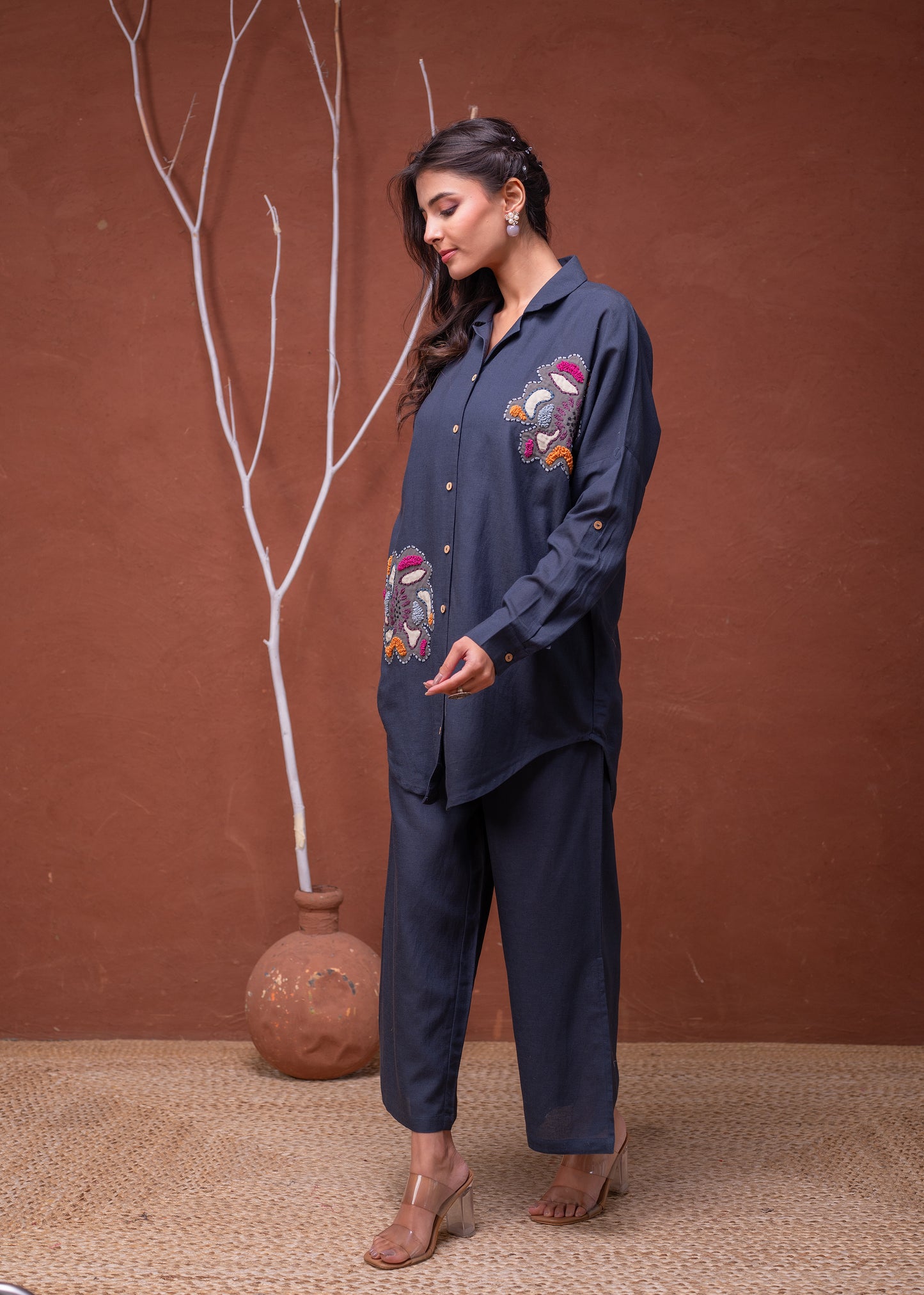 Navy Blue Embroidered Shirt with Wide-Legged Pants Cotton π