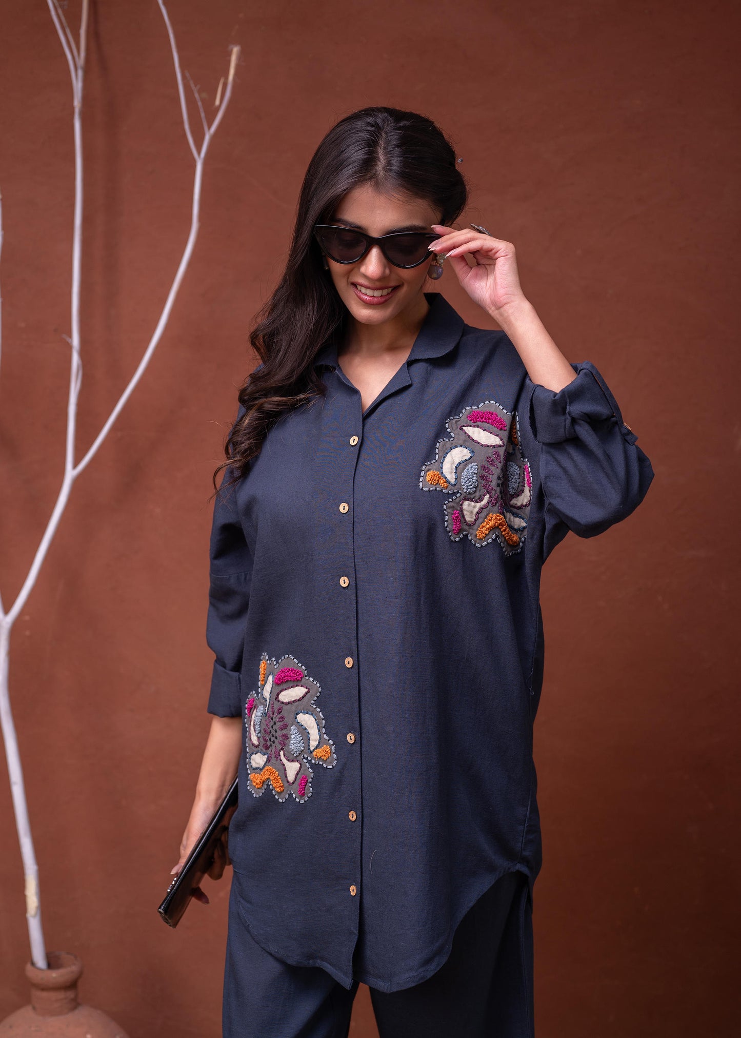 Navy Blue Embroidered Shirt with Wide-Legged Pants Cotton π