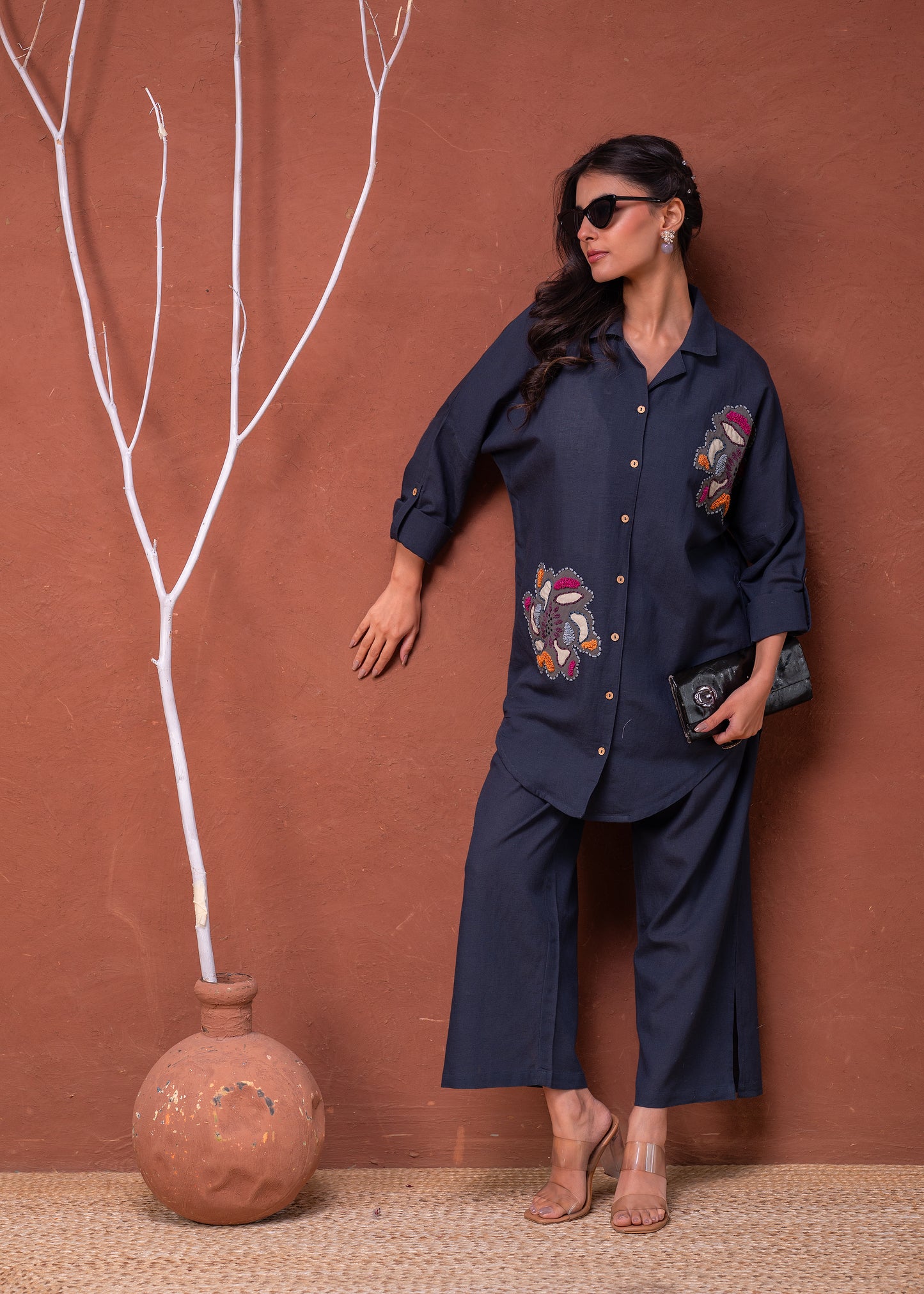 Navy Blue Embroidered Shirt with Wide-Legged Pants Cotton π