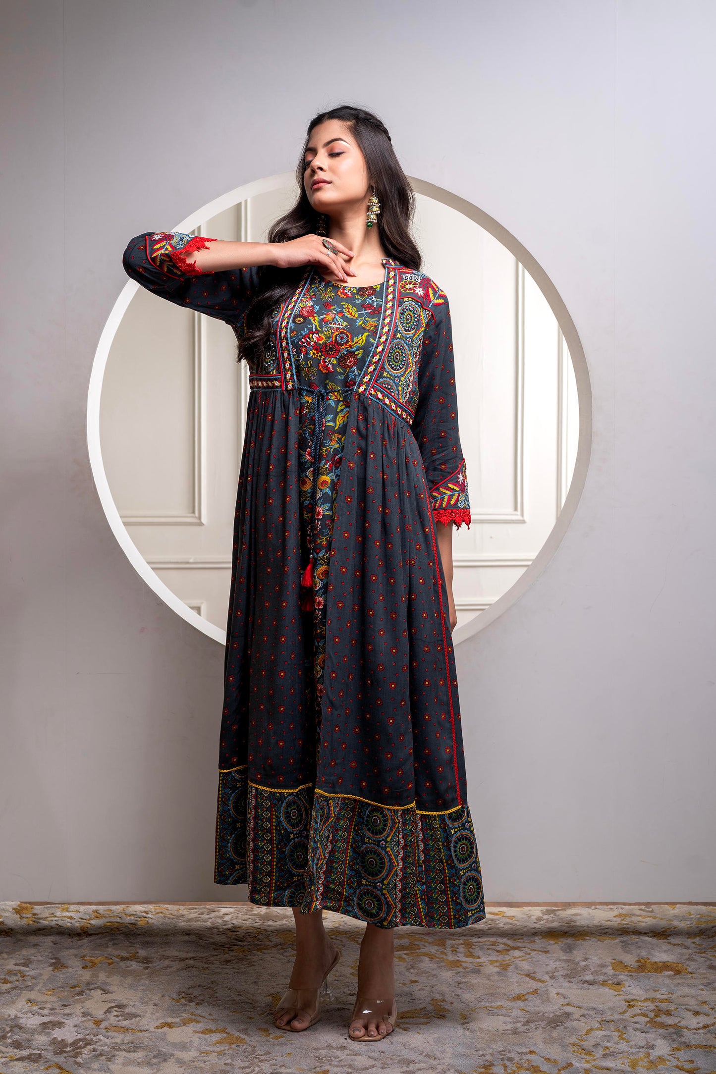 πΊ Title: Boho Bloom Flared Maxi Kurta β Grey Multicolor Print With Rayon Fabric