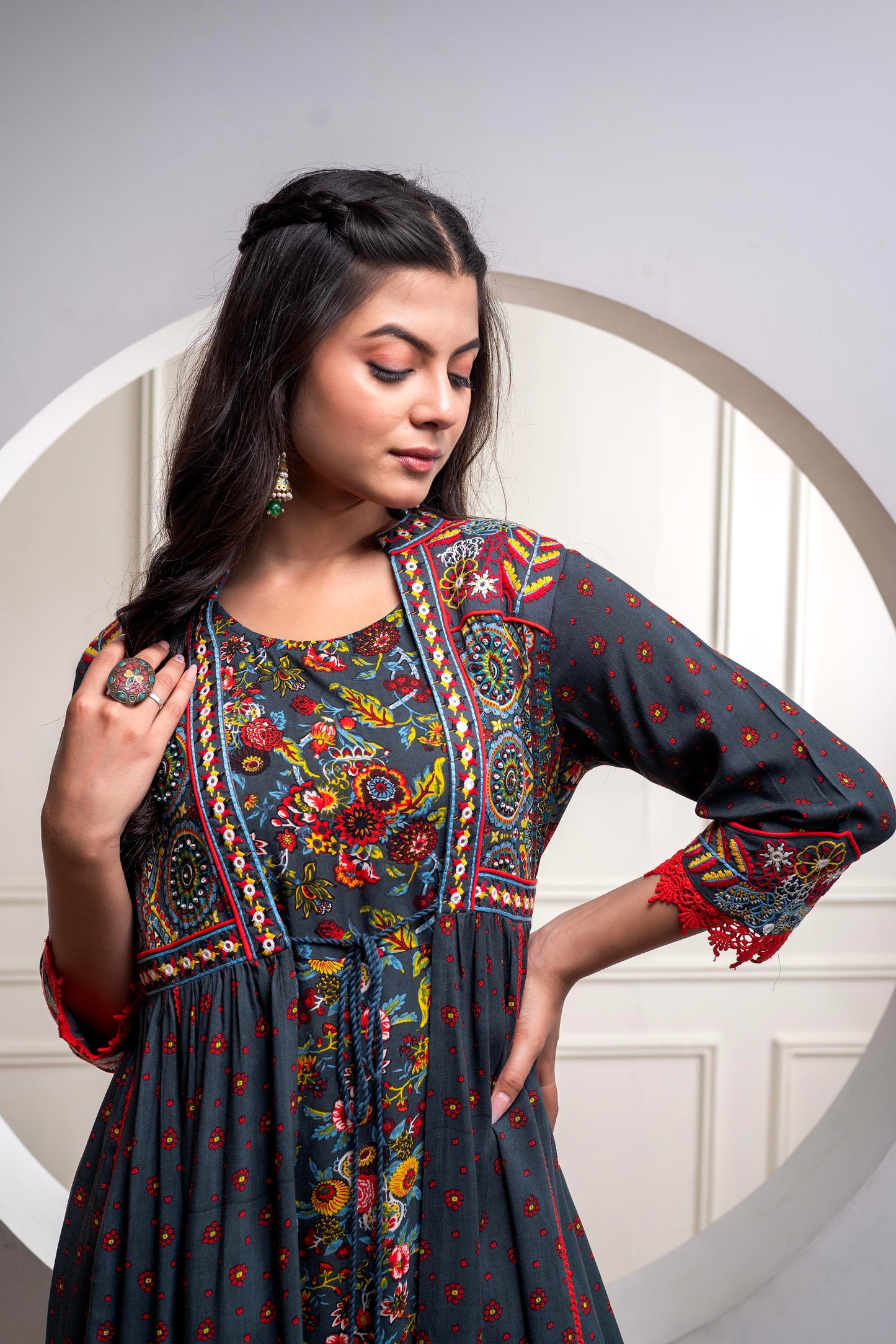 πΊ Title: Boho Bloom Flared Maxi Kurta β Grey Multicolor Print With Rayon Fabric