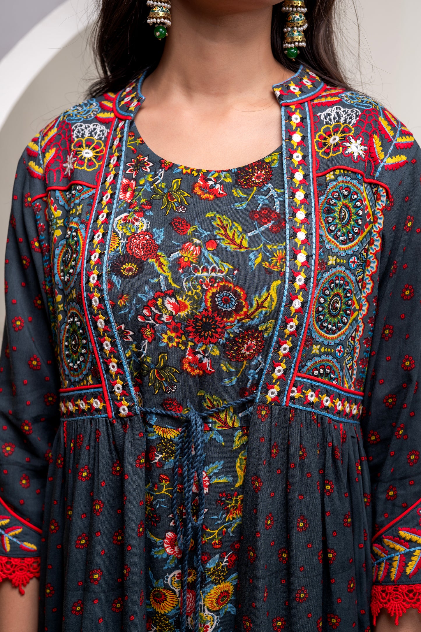 πΊ Title: Boho Bloom Flared Maxi Kurta β Grey Multicolor Print With Rayon Fabric