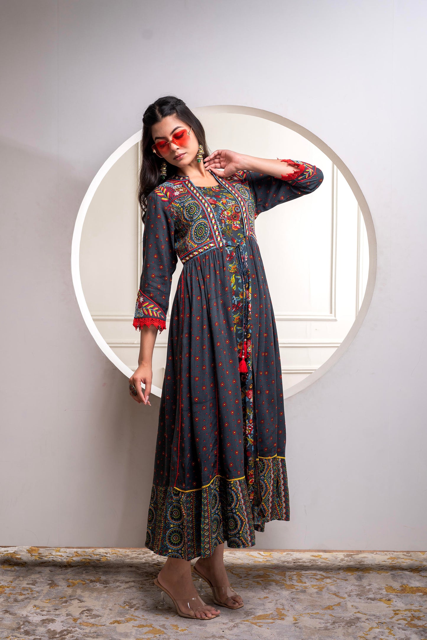 πΊ Title: Boho Bloom Flared Maxi Kurta β Grey Multicolor Print With Rayon Fabric