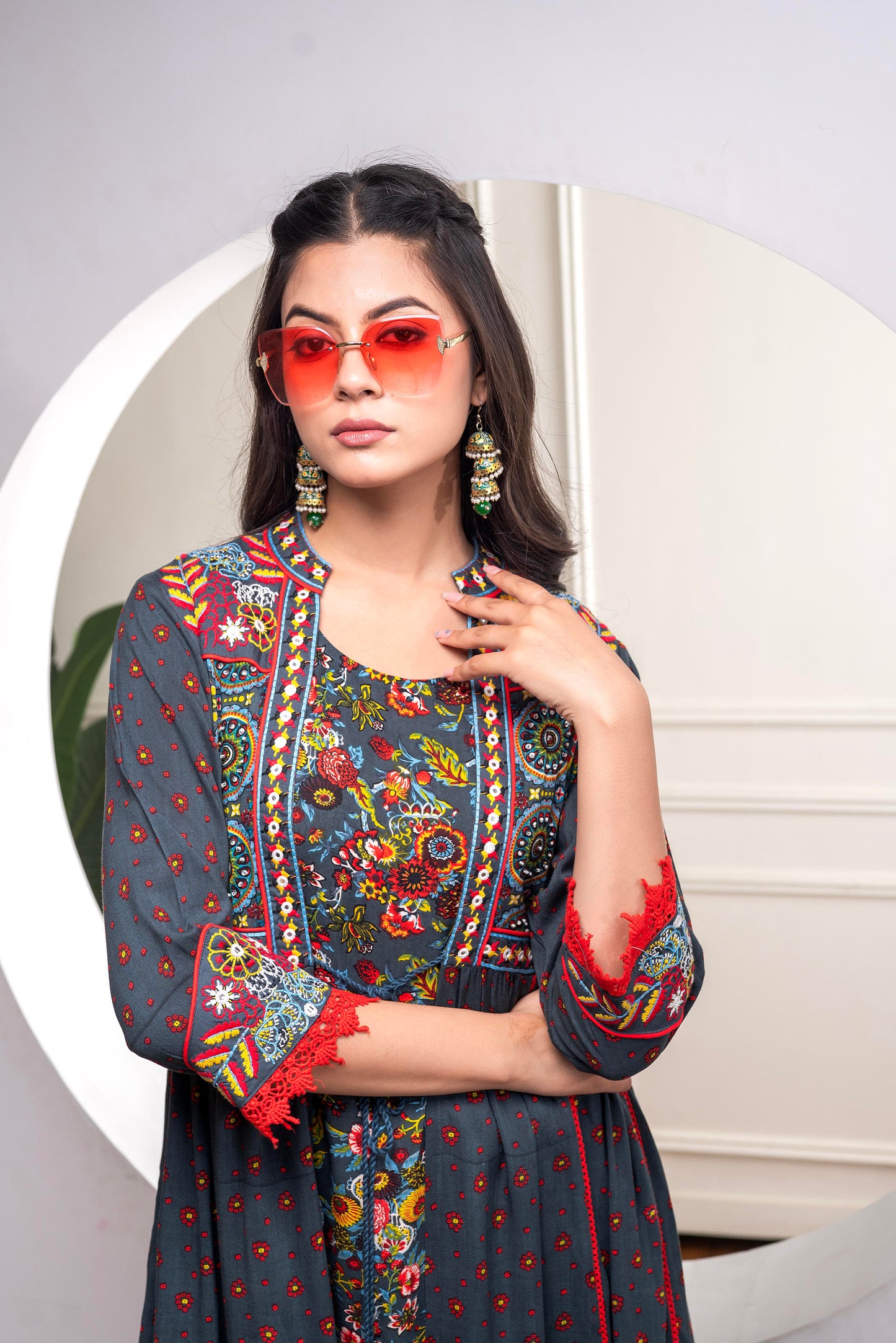 πΊ Title: Boho Bloom Flared Maxi Kurta β Grey Multicolor Print With Rayon Fabric