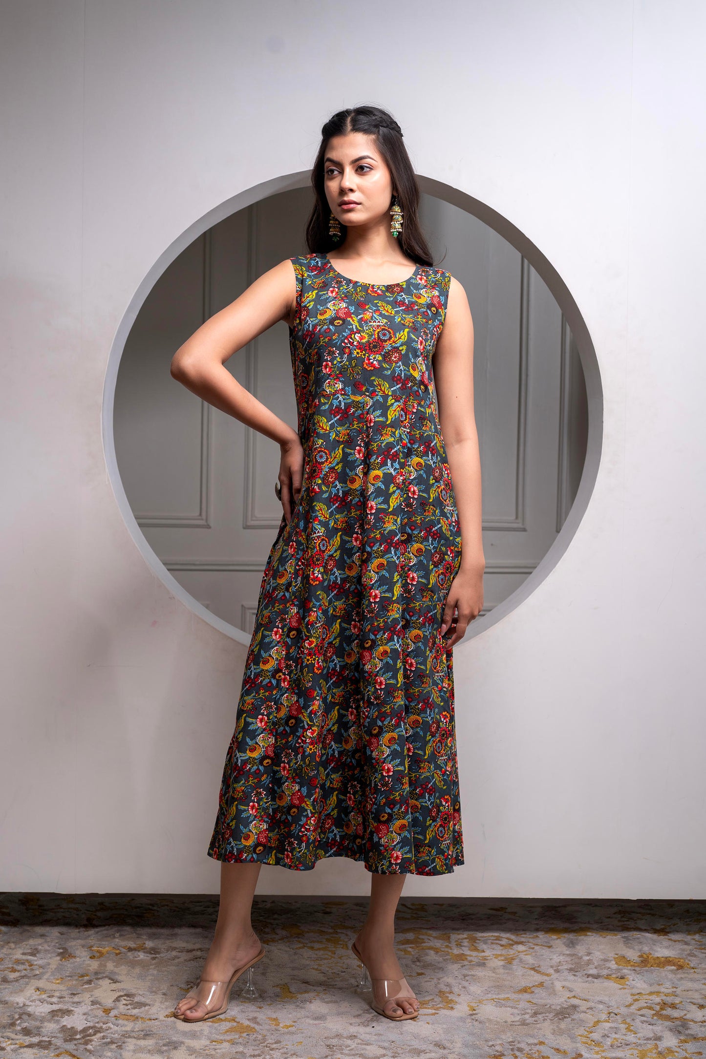 πΊ Title: Boho Bloom Flared Maxi Kurta β Grey Multicolor Print With Rayon Fabric