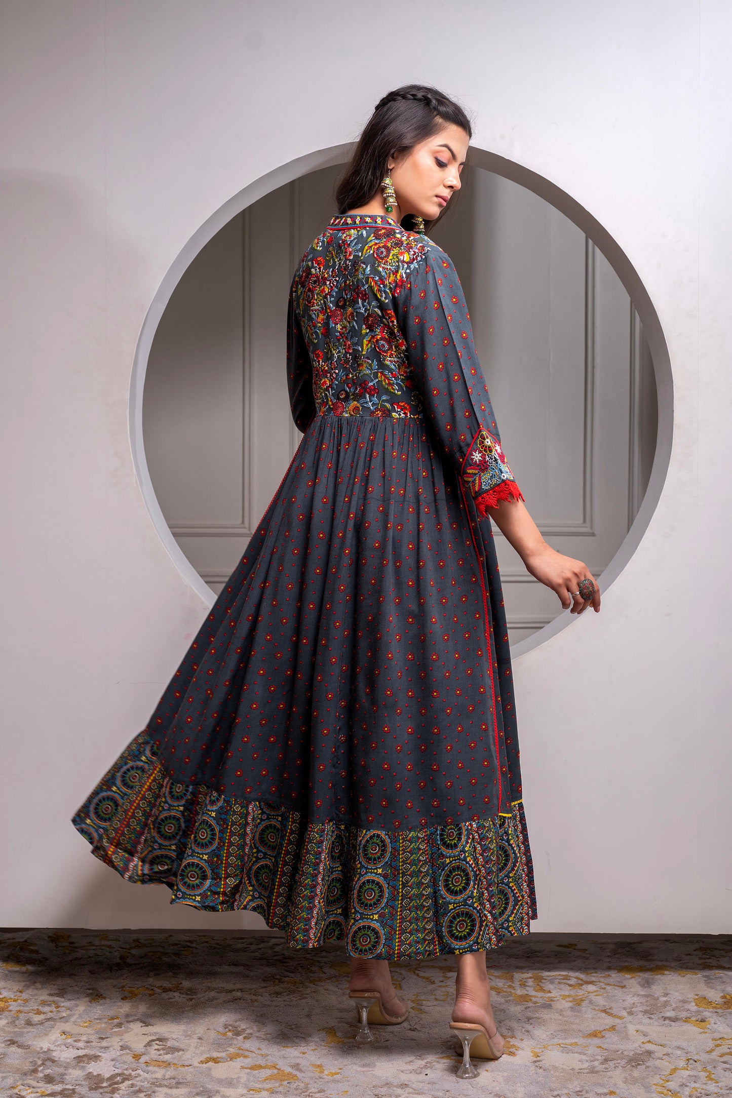 πΊ Title: Boho Bloom Flared Maxi Kurta β Grey Multicolor Print With Rayon Fabric