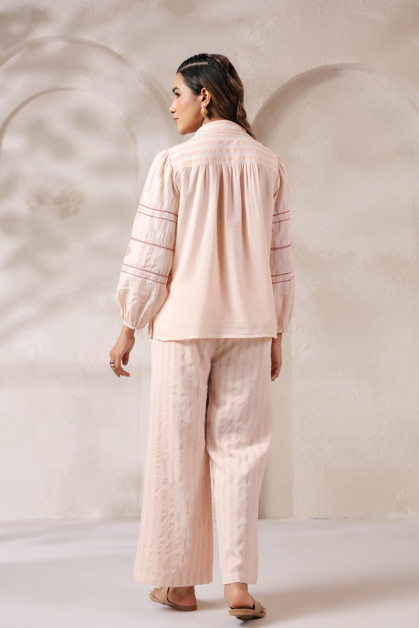 Embroidered Striped Lounge Set in Soft Peach Co-orde set