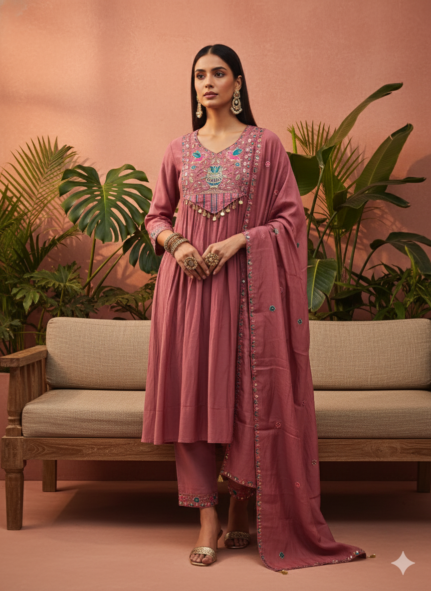 Rosewood Embroidered Kurta Set with Dupatta