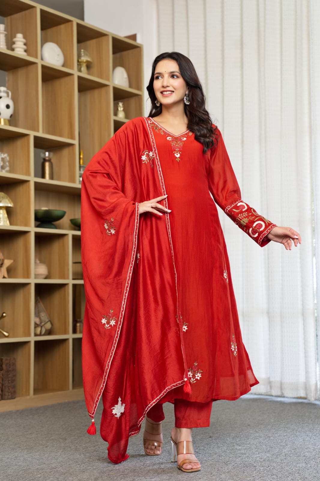 Red Kurta Set with Dupatta | Embroidered floral motifs, tassel detailing | Festive Ethnic Wear👗