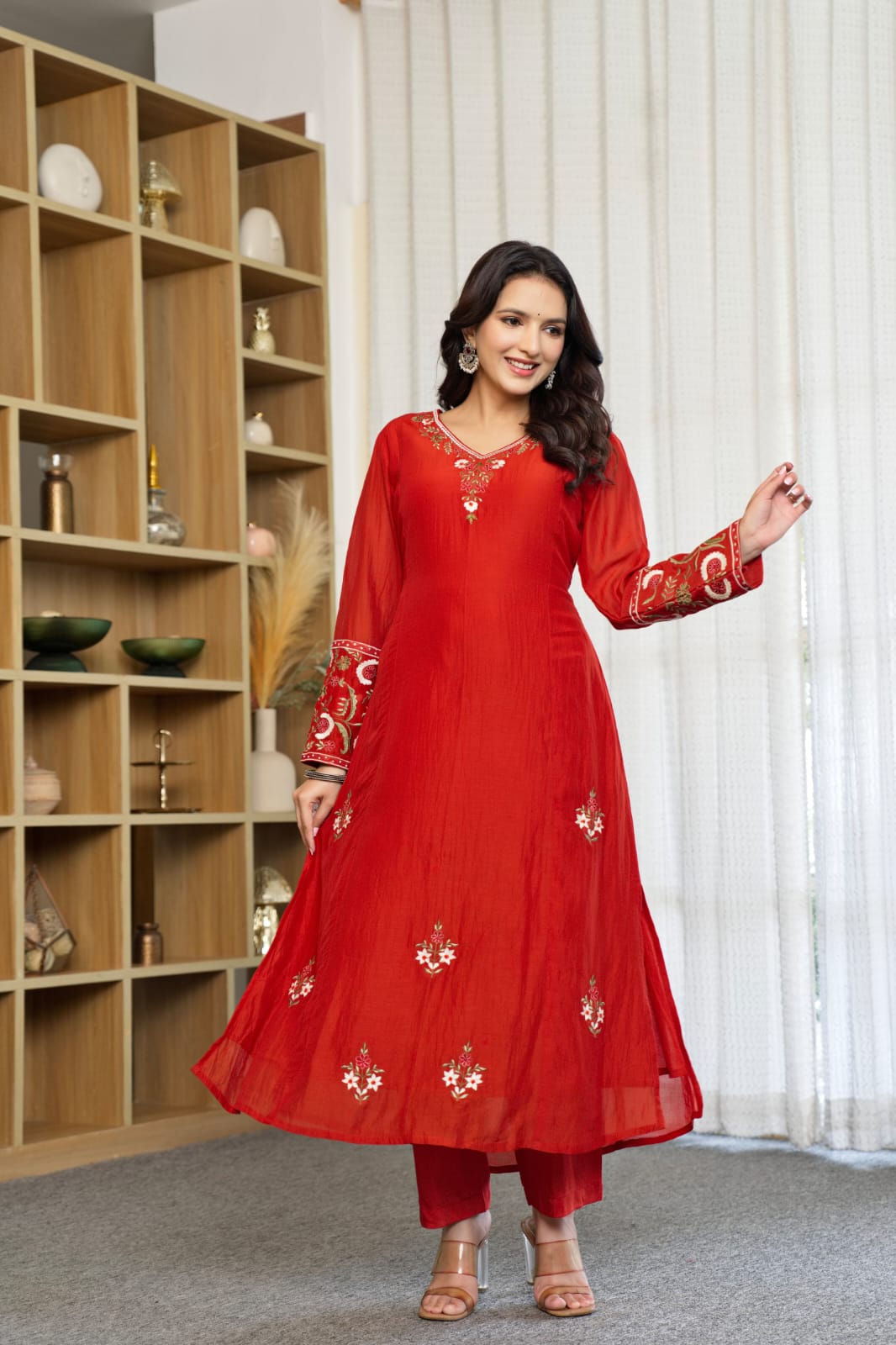 Red Kurta Set with Dupatta | Embroidered floral motifs, tassel detailing | Festive Ethnic Wear👗