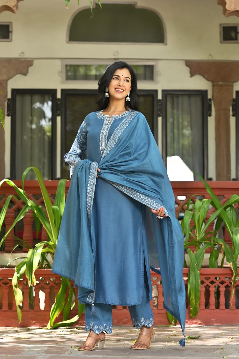 Blue Cotton Anarkali Kurta Set With Dupatta| Embroidered Sleeves, Neck |Anarkali style Wear