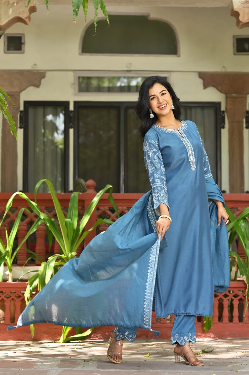 Blue Cotton Anarkali Kurta Set With Dupatta| Embroidered Sleeves, Neck |Anarkali style Wear