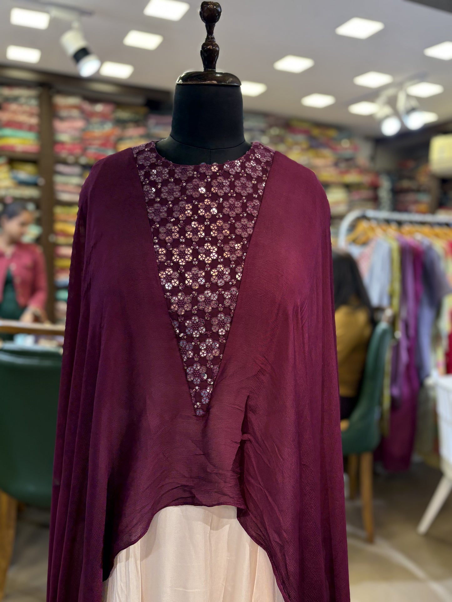 Wine-colored chinon sequin work gown for festive wear