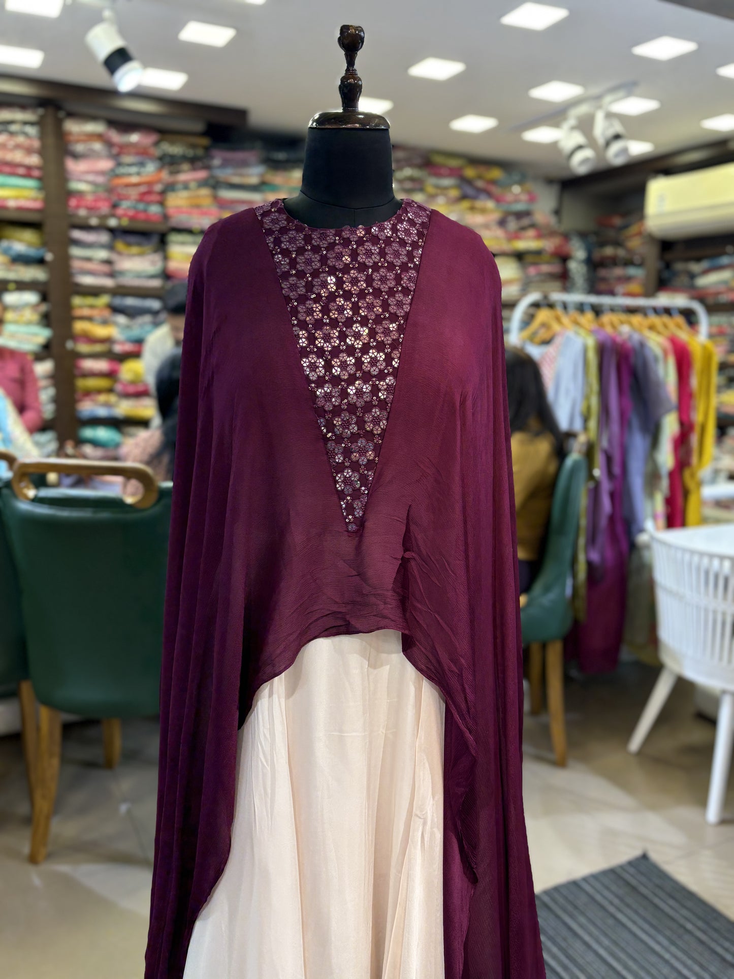 Wine sequin work fusion style gown for parties