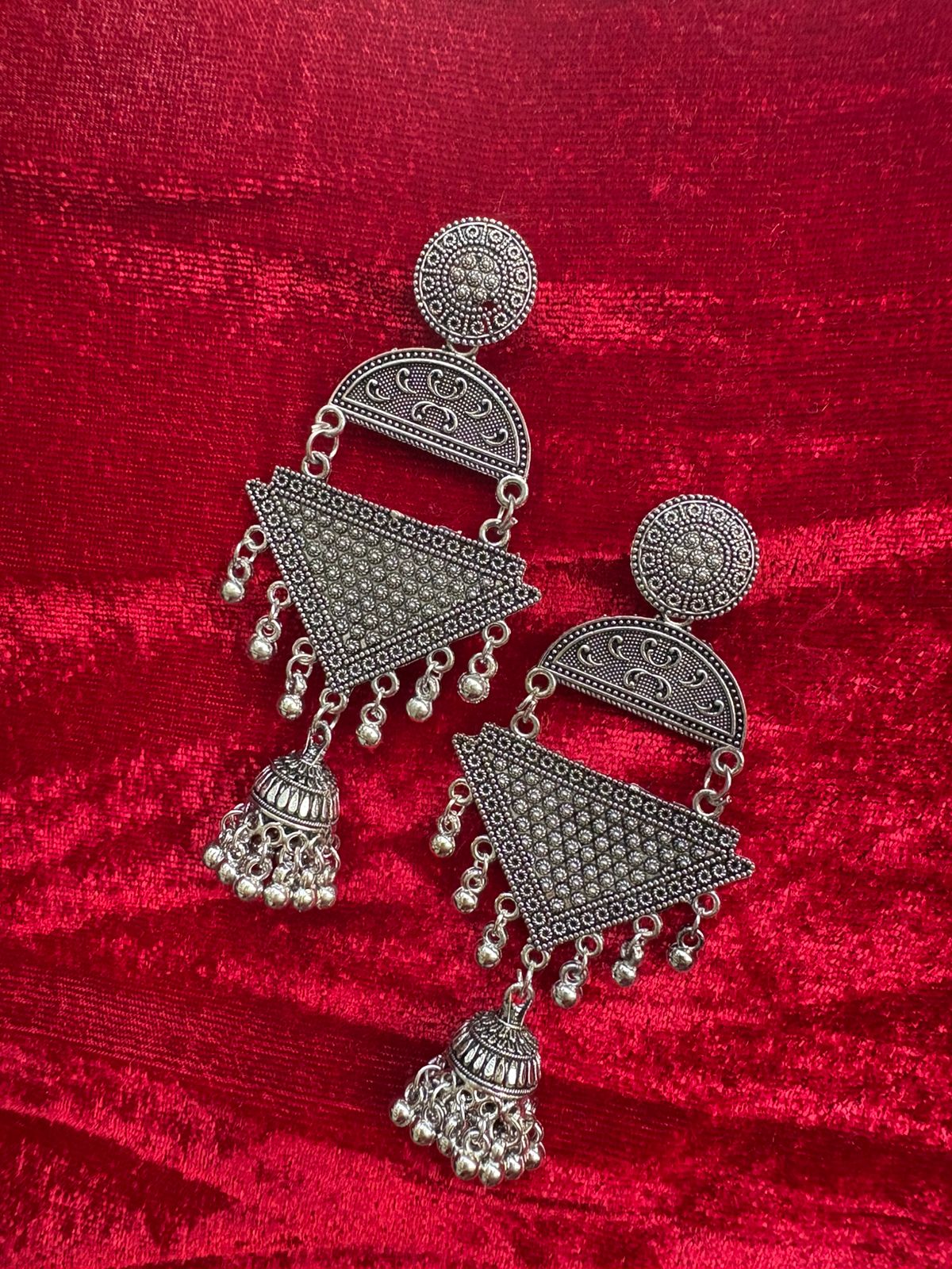 Abstract Ethnic Pearl Drop Oxidised Silver Jhumka - Anusheet Fashion