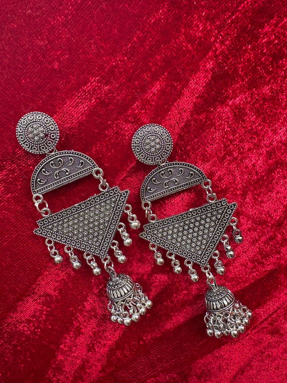 Abstract Ethnic Pearl Drop Oxidised Silver Jhumka - Anusheet Fashion
