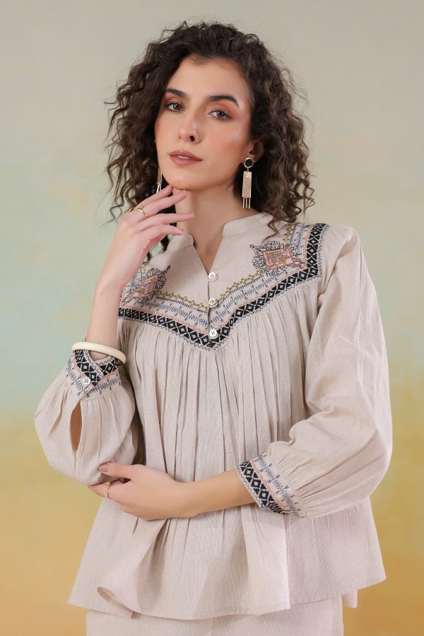Beige Embroidered Co - ord Set Relaxed Fit, Chic & Comfortable - Anusheet Fashion