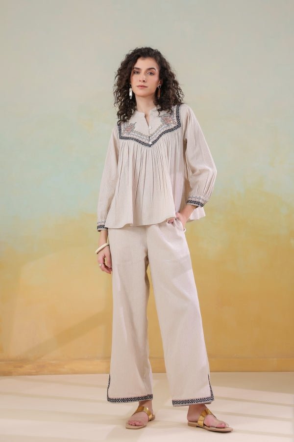 Beige Embroidered Co - ord Set Relaxed Fit, Chic & Comfortable - Anusheet Fashion