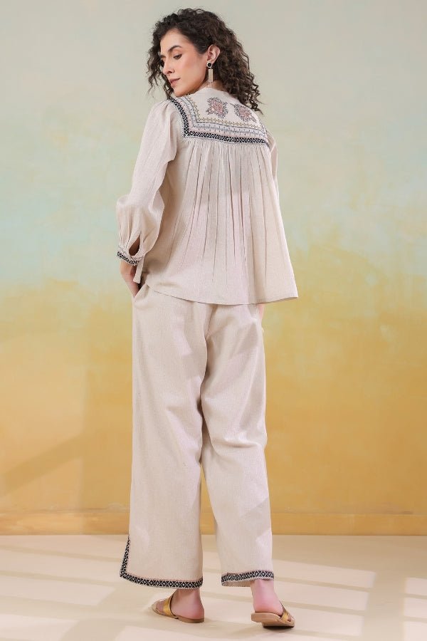 Beige Embroidered Co - ord Set Relaxed Fit, Chic & Comfortable - Anusheet Fashion