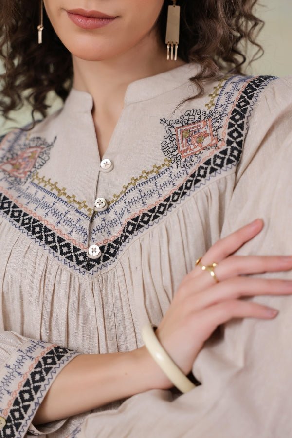 Beige Embroidered Co - ord Set Relaxed Fit, Chic & Comfortable - Anusheet Fashion