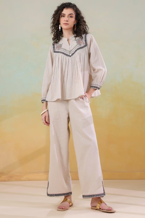 Beige Embroidered Co - ord Set Relaxed Fit, Chic & Comfortable - Anusheet Fashion
