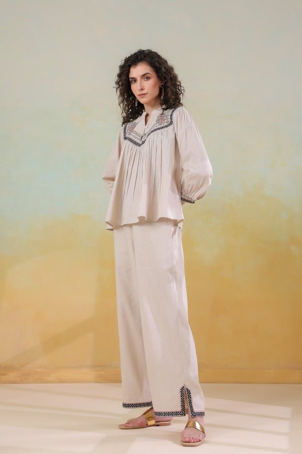 Beige Embroidered Co - ord Set Relaxed Fit, Chic & Comfortable - Anusheet Fashion