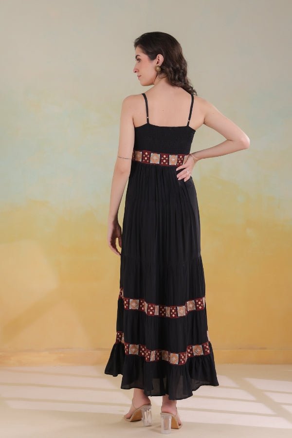 Black Embroidered Dress Sleeveless, Flowing & Elegant - Anusheet Fashion