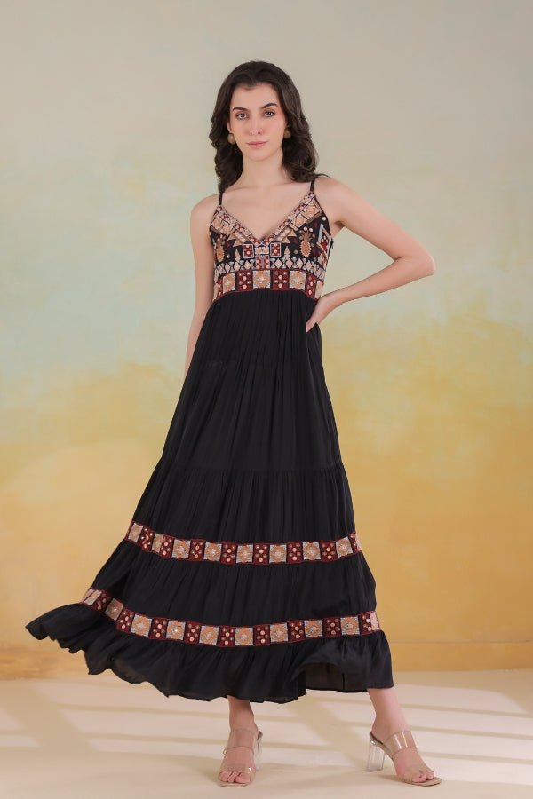 Black Embroidered Dress Sleeveless, Flowing & Elegant - Anusheet Fashion