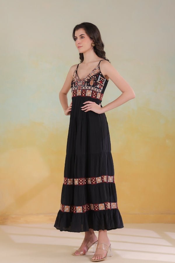 Black Embroidered Dress Sleeveless, Flowing & Elegant - Anusheet Fashion