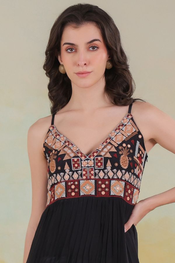 Black Embroidered Dress Sleeveless, Flowing & Elegant - Anusheet Fashion