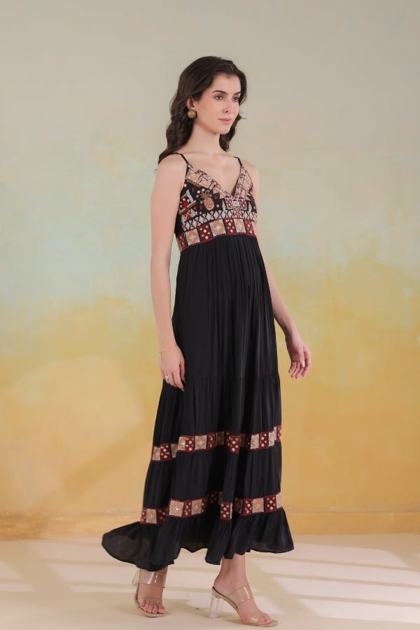 Black Embroidered Dress Sleeveless, Flowing & Elegant - Anusheet Fashion