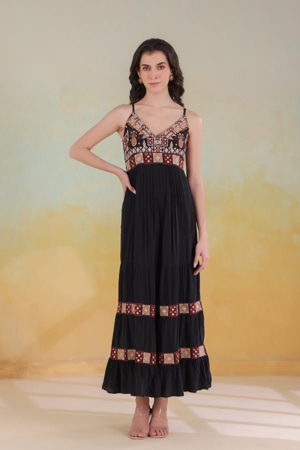 Black Embroidered Dress Sleeveless, Flowing & Elegant - Anusheet Fashion