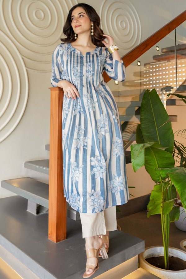 Blue Striped & Floral Flared Kurti with Trouser Set 2 Piece Summer Ensemble - Anusheet Fashion
