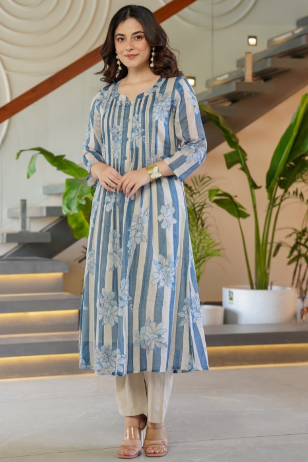 Blue Striped & Floral Flared Kurti with Trouser Set 2 Piece Summer Ensemble - Anusheet Fashion