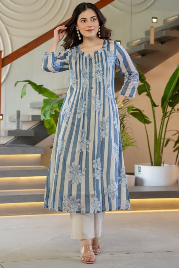 Blue Striped & Floral Flared Kurti with Trouser Set 2 Piece Summer Ensemble - Anusheet Fashion