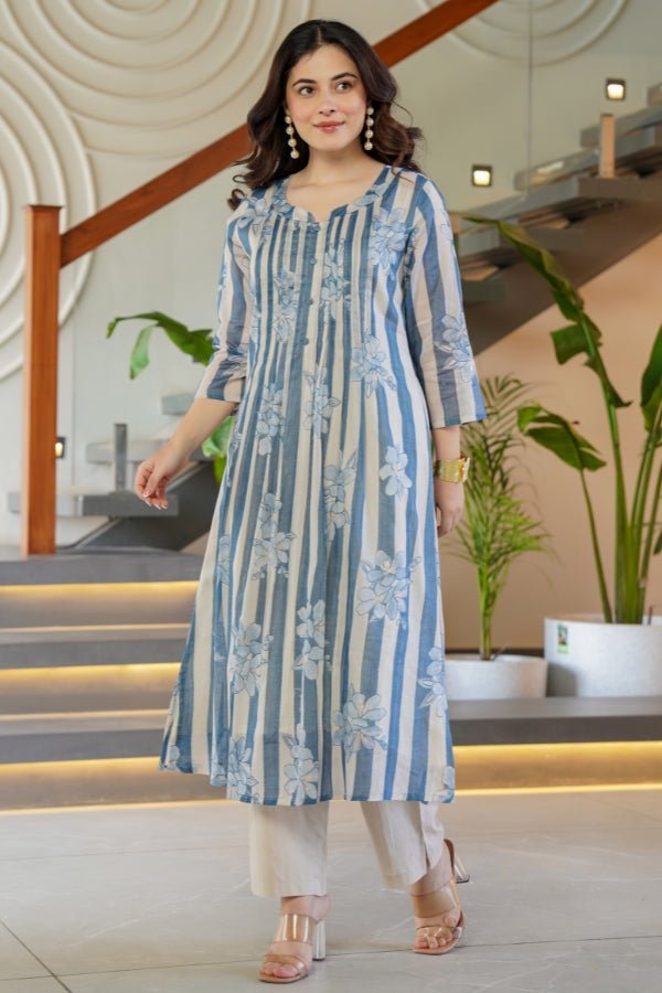 Blue Striped & Floral Flared Kurti with Trouser Set 2 Piece Summer Ensemble - Anusheet Fashion
