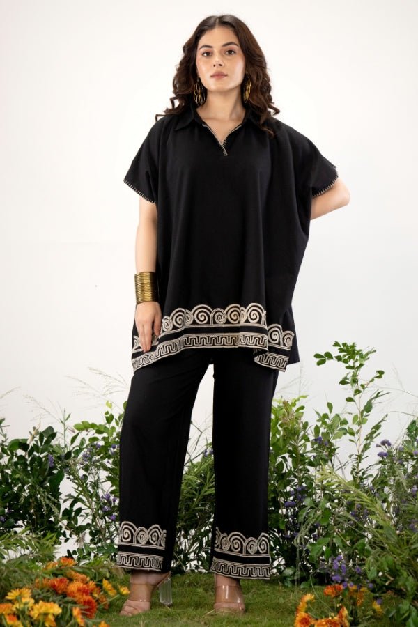 Bold & Boho: Black Kaftan Style Co - Ord Set with Tribal Embroidery π€ - Anusheet Fashion