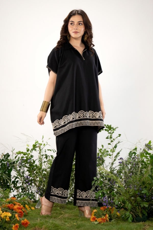 Bold & Boho: Black Kaftan Style Co - Ord Set with Tribal Embroidery π€ - Anusheet Fashion