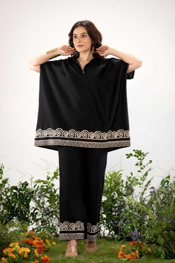 Bold & Boho: Black Kaftan Style Co - Ord Set with Tribal Embroidery π€ - Anusheet Fashion