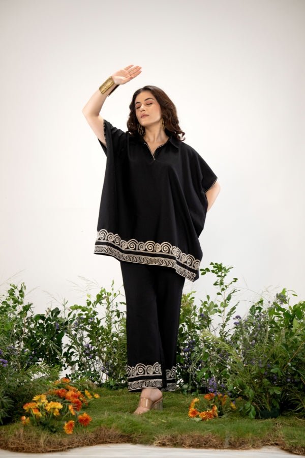 Bold & Boho: Black Kaftan Style Co - Ord Set with Tribal Embroidery π€ - Anusheet Fashion