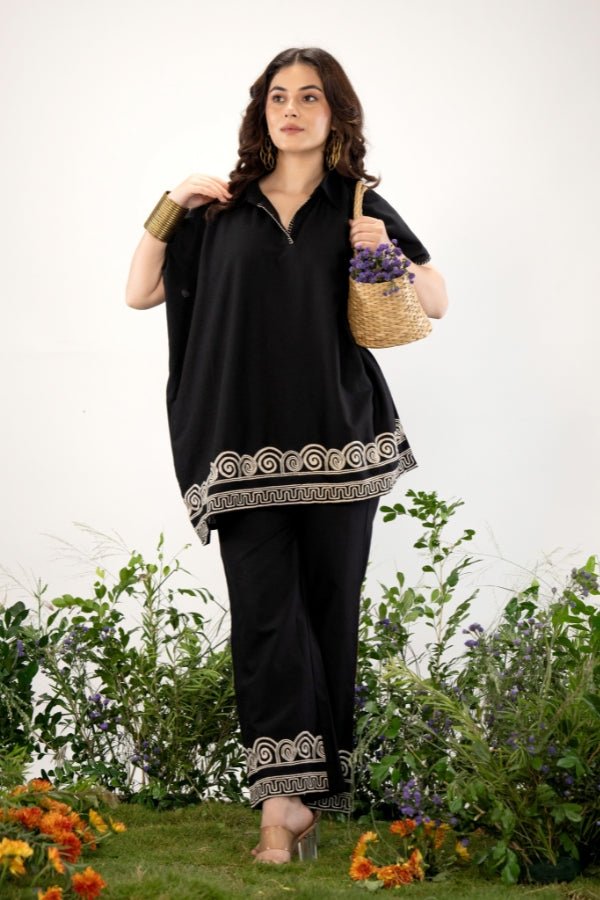 Bold & Boho: Black Kaftan Style Co - Ord Set with Tribal Embroidery π€ - Anusheet Fashion