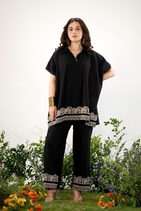 Bold & Boho: Black Kaftan Style Co - Ord Set with Tribal Embroidery π€ - Anusheet Fashion