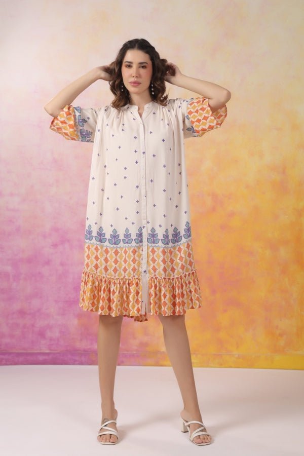 Chic Pure Muslin A - Line Dress – Off White & Orange - Anusheet Fashion