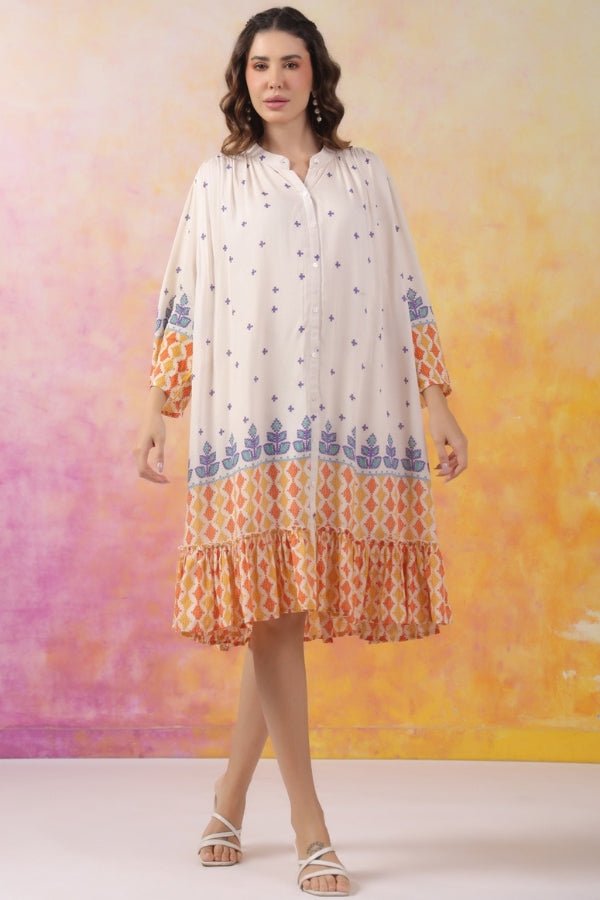 Chic Pure Muslin A - Line Dress – Off White & Orange - Anusheet Fashion