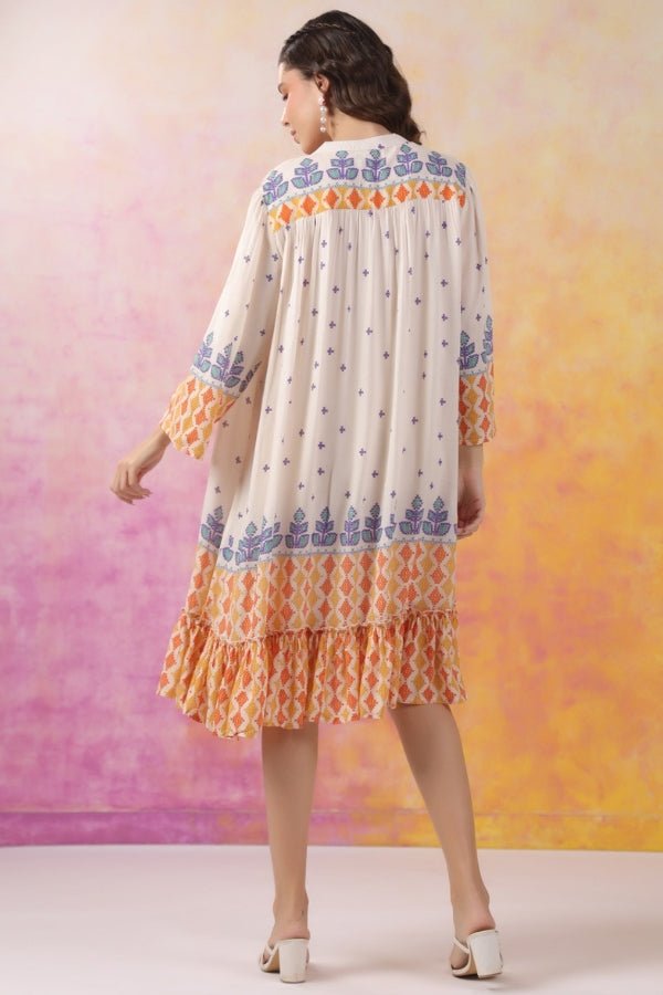 Chic Pure Muslin A - Line Dress – Off White & Orange - Anusheet Fashion