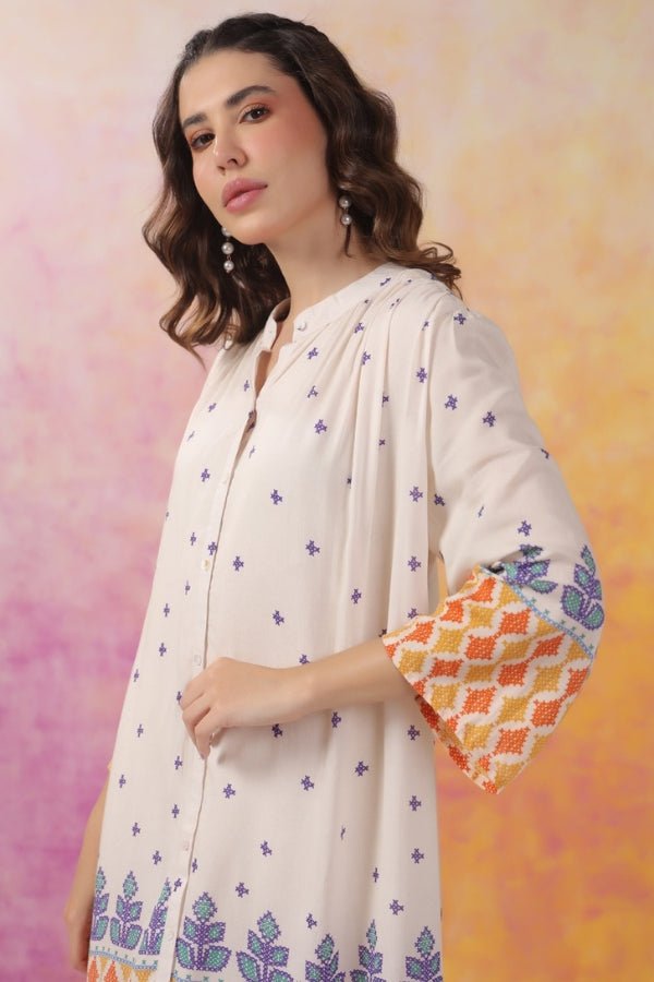 Chic Pure Muslin A - Line Dress – Off White & Orange - Anusheet Fashion