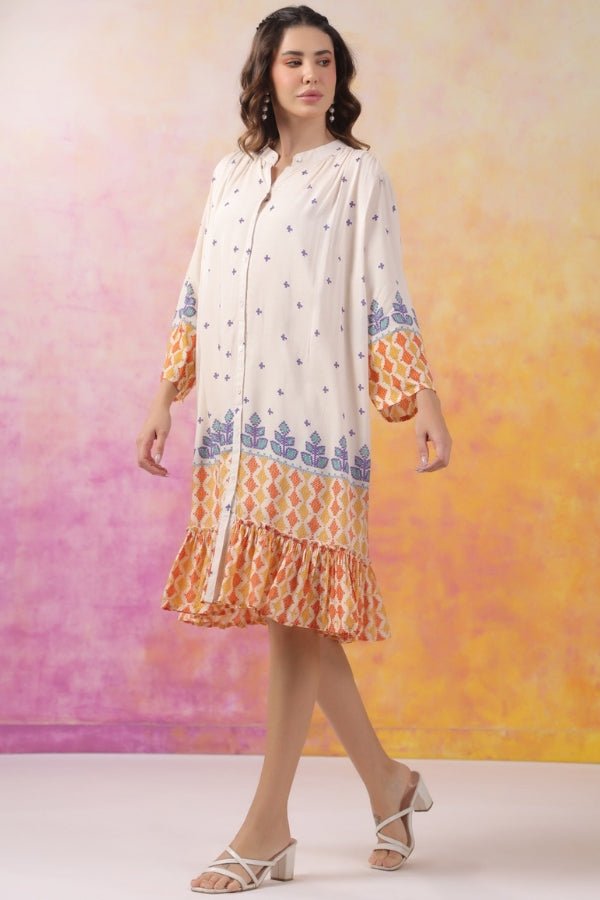 Chic Pure Muslin A - Line Dress – Off White & Orange - Anusheet Fashion