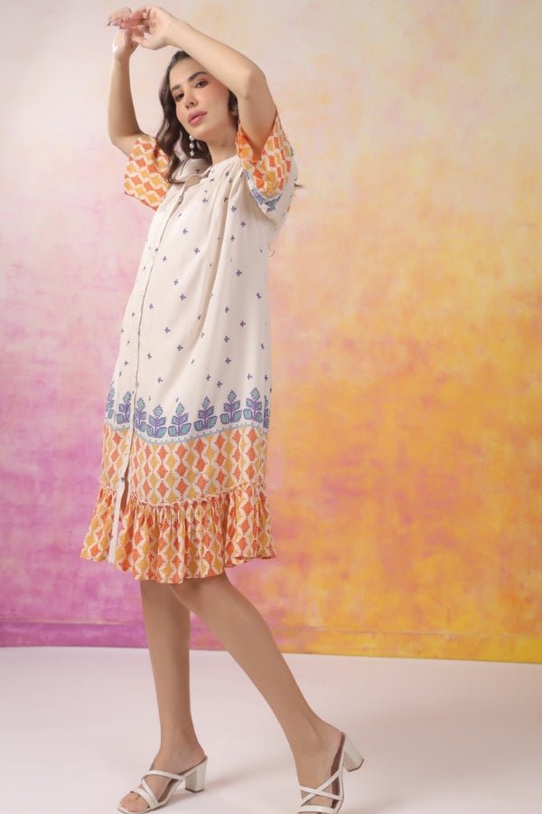 Chic Pure Muslin A - Line Dress – Off White & Orange - Anusheet Fashion
