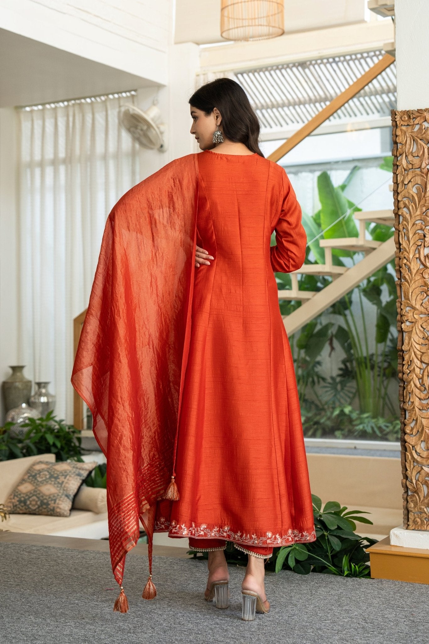 Chic Rust Muslin Anarkali Suit Set with Handwork Ethnic Wear - Anusheet Fashion